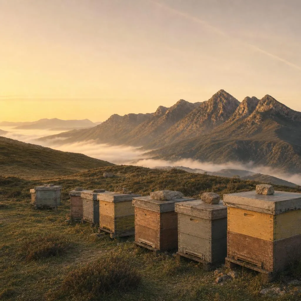 Colmenas de madera alineadas en una braña alta con niebla baja al amanecer.