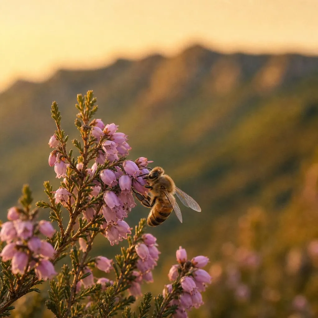 Brezal en flor en la ladera, con una abeja posada sobre las campanillas rosadas.